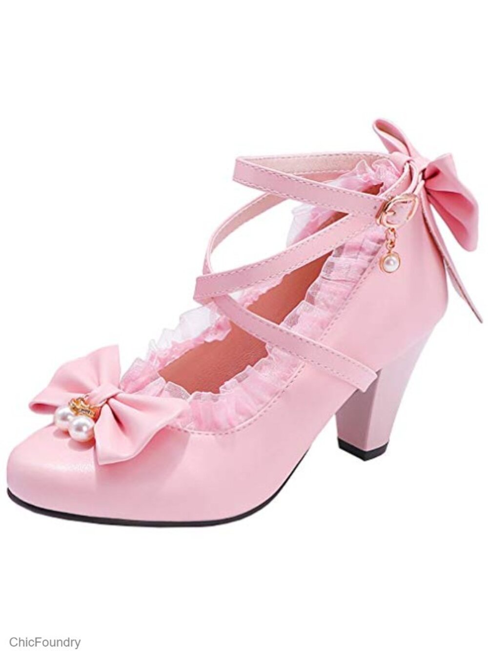 Chunky High Heel Mary Jane Pumps with Lace Bow Ankle Strap
